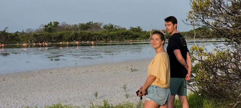 Pareja al atardecer con flamencos rosados al fondo en la ría