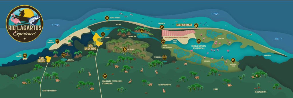 Mapa de experiencias de ecoturismo en Río Lagartos con iconos de fauna, Las Coloradas, manglares y puntos de observación